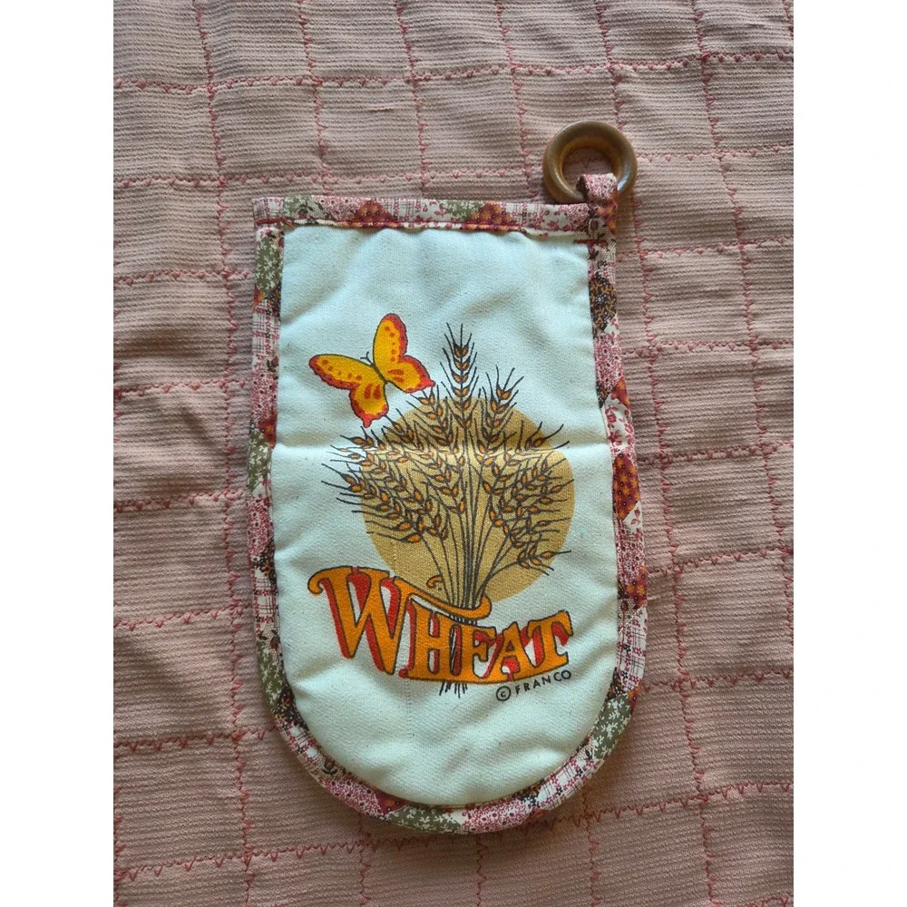 Vintage Franco Kitchen Set Pot Holders Oven Mitt Wheat Butterfly Yellow 3pc